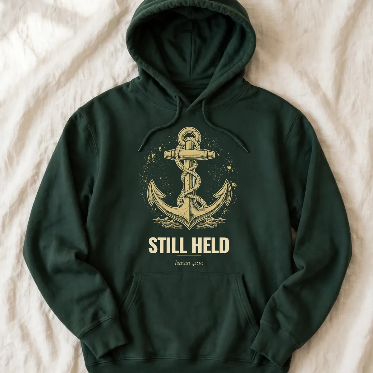Still Held faith hoodie — forest green hoodie with gold anchor design, Isaiah 41:10